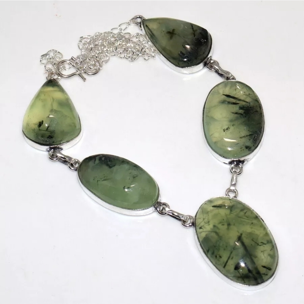 Moss Prehnite 925 Silver Plated Natural Gemstone Necklace 17"